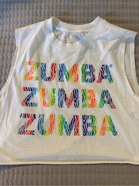 Zumba Fitness White Tank Top with Rainbow Zebra Logo